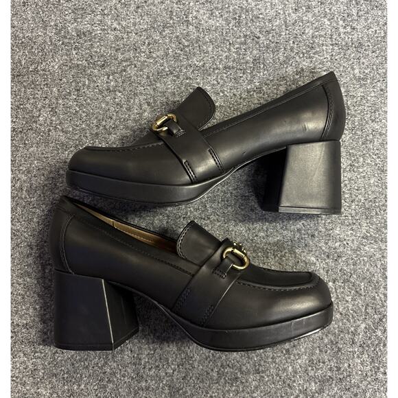 Nine West Women’s 8.5 Black Slip-On Block Chunky Heel Gold Chain Loafers Shoes - Picture 5 of 8